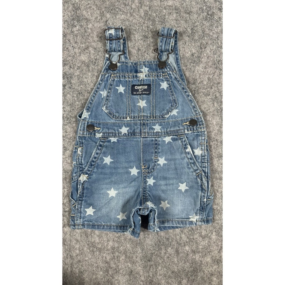 Oshkosh Baby Boy Blue Jean Shortalls Size‎ 6 Months Adjustable Straps Stars